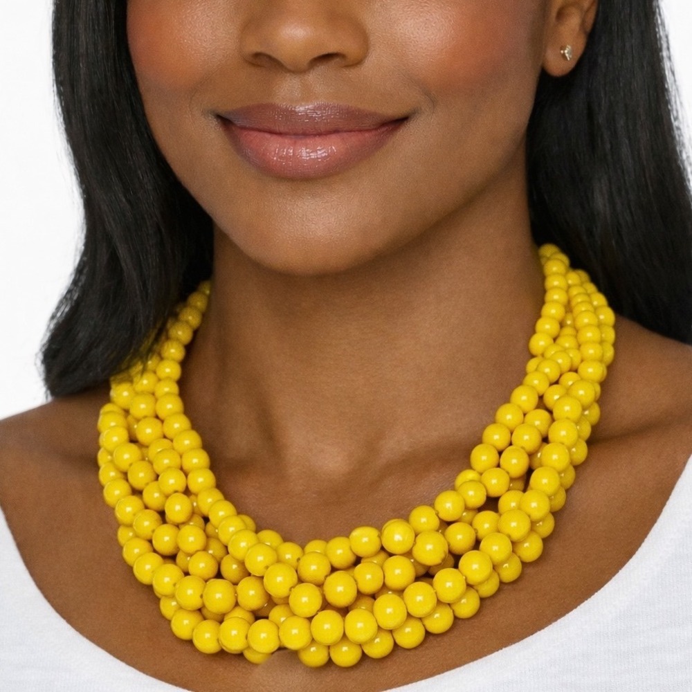 Yellow Multi Strand Beaded Bib Necklace Adjustable Brass Tone Clasp Boho 103-27 - Picture 1 of 10